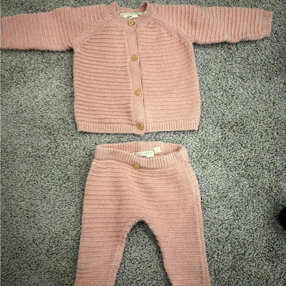 Petite maison Pink Knit Baby Cardigan and Pants Set